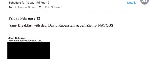 Hunter Biden's former business partner Joan Mayer sends him his schedule on Feb. 12, 2016. The schedule includes a meeting with his father then-Vice President Joe Biden, Jeff Zients and David Rubenstein.