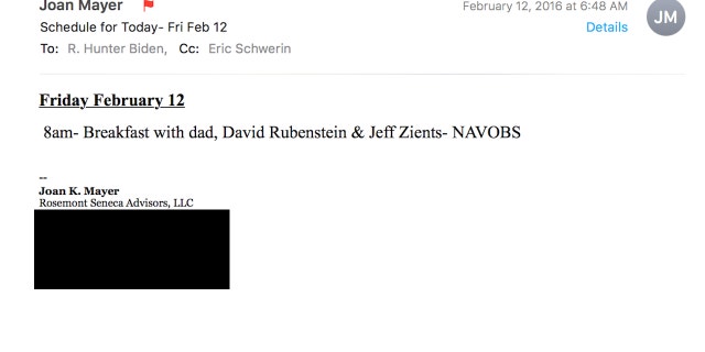 Hunter Biden's former business partner Joan Mayer sends him his schedule on Feb. 12, 2016. The schedule includes a meeting with his father then-Vice President Joe Biden, Jeff Zients and David Rubenstein.