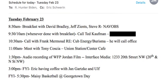 Hunter Biden's Feb. 23, 2016 schedule from Mayer shows a meeting with Jeff Zients, David Bradley and Steve Ricchetti.
