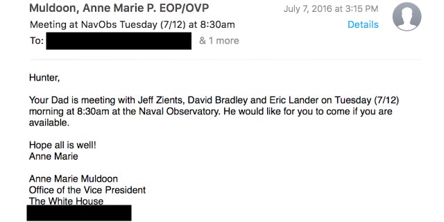 Former President Biden aide Anne Marie Muldoon invites Hunter Biden to a meeting with his father, Jeff Zients, David Bradley and Eric Lander in July 2016.