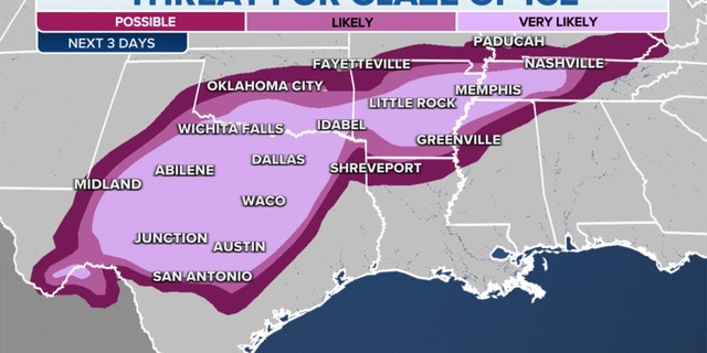 The threat for the glaze of ice from the Plains through the Tennessee Valley.