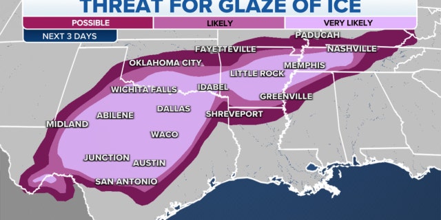 The threat for the glaze of ice from the Plains through the Tennessee Valley.