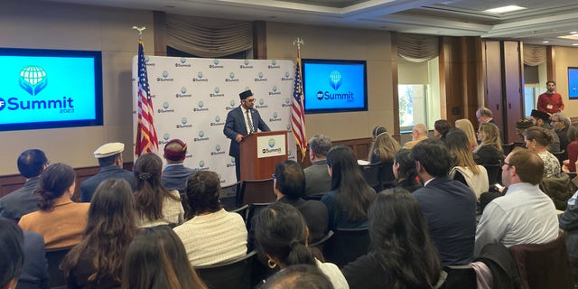 Co-chair of Congressional Advocacy Day Amjad Khan speaks at the Capitol Visitor Center leading up to the International Religious Freedom Summit. (IRF Summit)