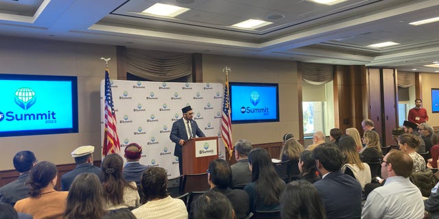 Co-chair of Congressional Advocacy Day Amjad Khan speaks at the Capitol Visitor Center leading up to the International Religious Freedom Summit. (IRF Summit)