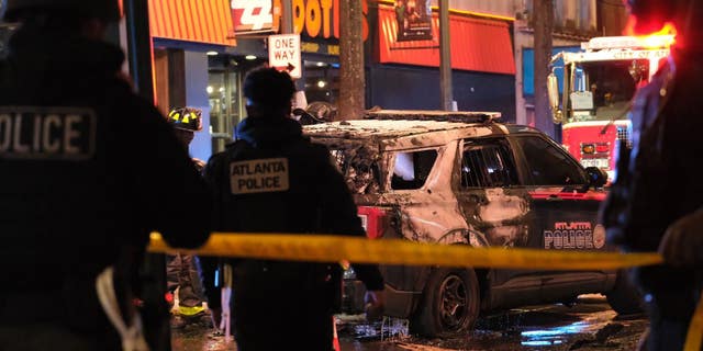 Atlanta police work to subdue a violent protest on Jan. 21.