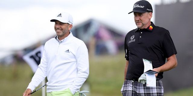 Sergio Garcia, of Spain, and Ian Poulter, of England, look on during the Pro-Am ahead of the LIV Golf Invitational at The Centurion Club on June 8, 2022 in St Albans, England.