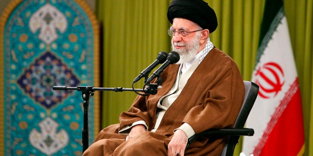 FILE: In this photo released by the official website of the office of the Iranian supreme leader, Supreme Leader Ayatollah Ali Khamenei speaks during a meeting with a group of Basij paramilitary force in Tehran, Iran, on Nov. 26, 2022. 