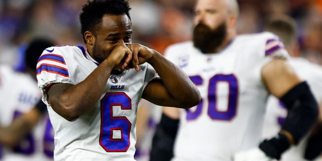 Isaiah McKenzie #6 of the Buffalo Bills reacts to an injury sustained by Damar Hamlin #3 during the first quarter of an NFL football game against the Cincinnati Bengals at Paycor Stadium on January 2, 2023 in Cincinnati, Ohio.