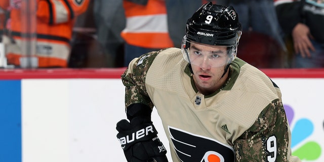 Ivan Provorov, #9 of the Philadelphia Flyers, wearing a camouflage jersey in honor of Military Appreciation night warms up against the Minnesota Wild on Nov. 11, 2017 at the Wells Fargo Center in Philadelphia.
