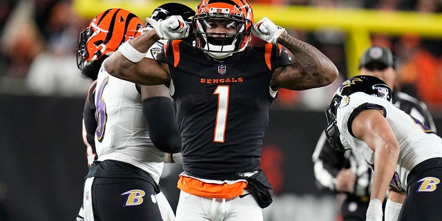 Penerima lebar Cincinnati Bengals Ja'Marr Chase merayakan kekalahan pertama di paruh pertama pertandingan sepak bola playoff kartu liar NFL melawan Baltimore Ravens di Cincinnati, Minggu, 15 Januari 2023.