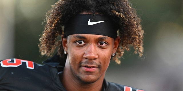 Pittsburgh quarterback Jaden Rashada, #5, warms up before the start of his game against McClymonds at Pittsburg High School in Pittsburgh, California on September 30, 2022.