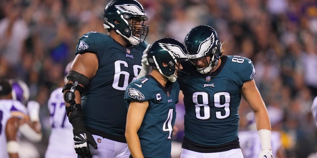 Eagles, from left, Jordan Mailata, Jake Elliott and Jack Stoll during the Minnesota Vikings game at Lincoln Financial Field on Sept. 19, 2022, in Philadelphia.