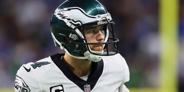 Place kicker Jake Elliott of the Philadelphia Eagles looks on during a game against the Detroit Lions in Detroit on Sept. 11, 2022.