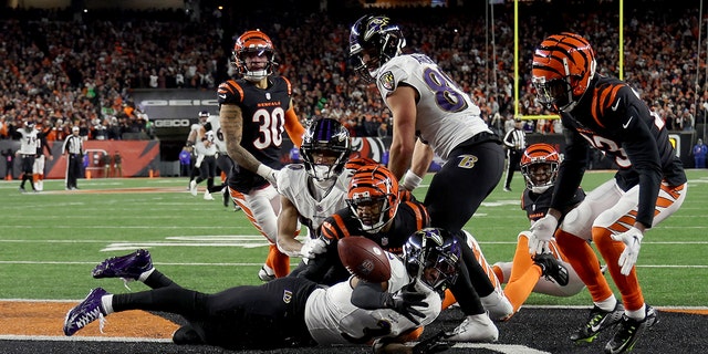 James Proche II of the Baltimore Ravens fails to catch a final play pass in the end zone against the Bengals at Paycor Stadium on January 15, 2023 in Cincinnati.