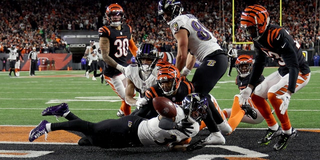 James Proche II of the Baltimore Ravens fails to catch a last play pass in the end zone against the Bengals at Paycor Stadium on Jan. 15, 2023, in Cincinnati.