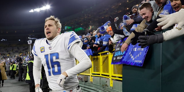 Detroit Lions quarterback Jared Goff celebrates following the Packers game Sunday, Jan. 8, 2023, in Green Bay, Wisconsin.