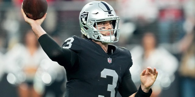 Jarrett Stidham #3 of the Las Vegas Raiders passes against the San Francisco 49ers during the fourth quarter at Allegiant Stadium on January 1, 2023 in Las Vegas, Nevada.