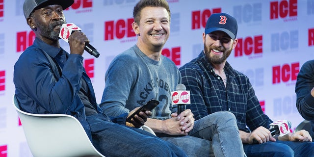 Don Cheadle, Jeremy Renner and Chris Evans speak on stage during ACE Comic Con.