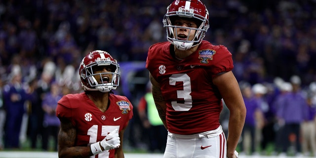 Alabama's Jermaine Burton reacts after a touchdown against Kansas State during the Allstate Sugar Bowl on December 31, 2022 in New Orleans.