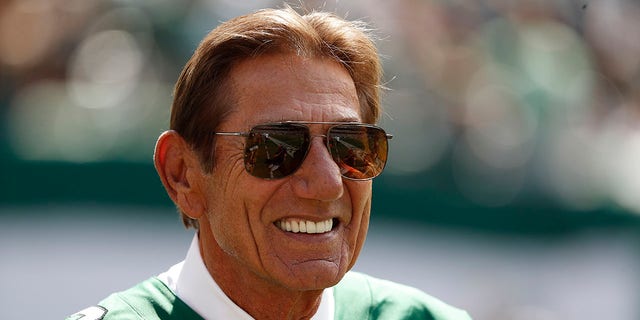 Retired NFL player Joe Namath on the field during the first quarter of a game between the New York Jets and the Buffalo Bills at MetLife Stadium Sept. 8, 2019, in East Rutherford, N.J.