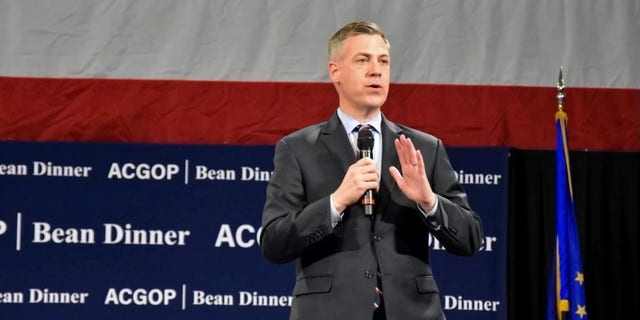Rep. Jim Banks of Indiana speaks at an Allen County GOP dinner in Fort Wayne, Indiana, on Oct. 12, 2022.