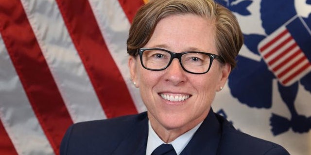 Cruz said the painting "is now a ‘heritage asset’ in the custody of the American Merchant Marine Museum located on the Academy’s grounds" and that despite "earlier reports that the painting was too large to move," recent reports said Merchant Marine Academy superintendent Joanna Nunan, pictured here, has "in fact, decided to ‘eventually’ move the painting to the USMMA chapel" out of the Elliot See Conference Room.