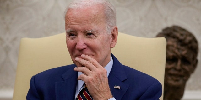 President Biden pauses as he meets with Dutch Prime Minister Mark Rutte in the Oval Office of the White House in Washington, Tuesday, Jan. 17, 2023. 