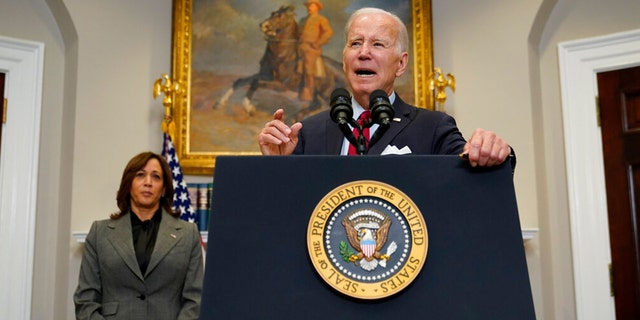 President Joe Biden speaks on border security in the Roosevelt Room of the White House in Washington, Thursday, Jan. 5, 2023. Vice President Kamala Harris is on the left. 