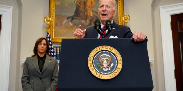 President Joe Biden speaks about border security in the Roosevelt Room of the White House, Thursday, Jan. 5, 2023, in Washington. Vice President Kamala Harris stands at left. 