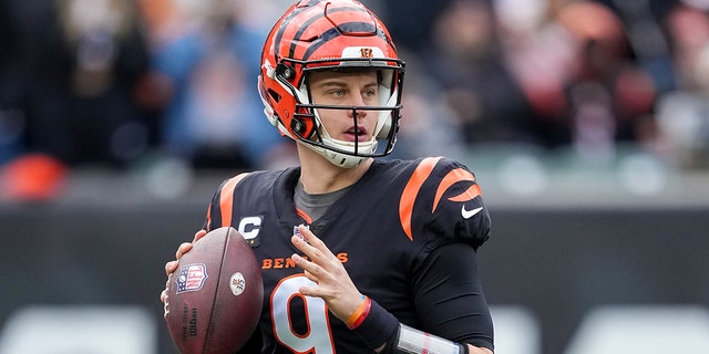 Joe Burrow of the Cincinnati Bengals drops back to pass in the first quarter against the Baltimore Ravens at Paycor Stadium on January 8, 2023 in Cincinnati.