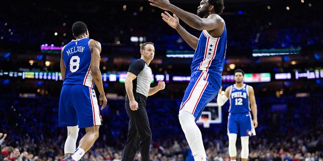 Philadelphia 76ers center Joel Embiid (21) reacts after scoring during the third quarter against the Brooklyn Nets at the Wells Fargo Center in Philadelphia on January 25, 2023.