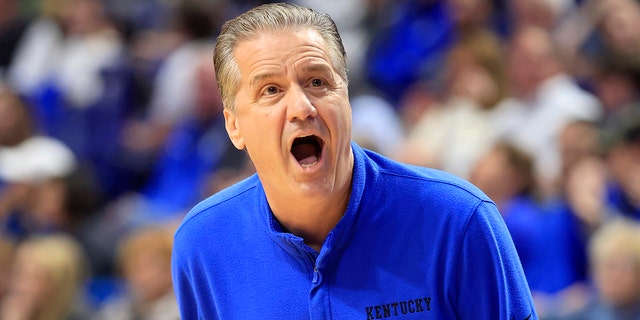 Kentucky Wildcats head coach John Calipari reacts after a play during the first half in the game against the South Carolina Gamecocks at Rupp Arena on Jan. 10, 2023 in Lexington, Kentucky.