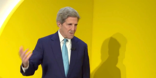 Special Presidential Envoy for Climate John Kerry addresses attendees of the World Economic Forum meeting on Tuesday.