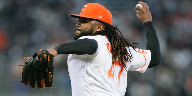 Johnny Cueto, #47 of the San Francisco Giants, pitches against the Milwaukee Brewers in the top of the third inning at Oracle Park on Aug. 31, 2021 in San Francisco.