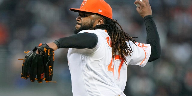 Johnny Cueto, #47 of the San Francisco Giants, pitches against the Milwaukee Brewers in the top of the third inning at Oracle Park on Aug. 31, 2021 in San Francisco.