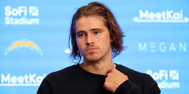 Los Angeles Chargers quarterback Justin Herbert (10) speaks to media during a press conference after the game against the Los Angeles Rams on January 1, 2023, at SoFi Stadium in Inglewood, CA.