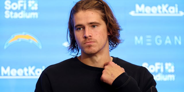 Los Angeles Chargers quarterback Justin Herbert (10) speaks to media during a press conference after the game against the Los Angeles Rams on January 1, 2023, at SoFi Stadium in Inglewood, CA.