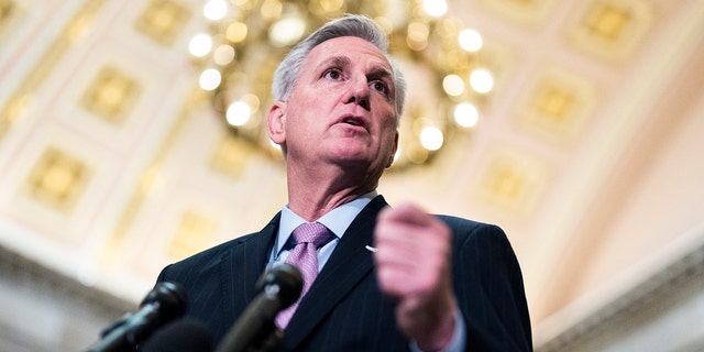 House Speaker Kevin McCarthy conducts a news conference in the U.S. Capitol's Statuary Hall on Jan. 12, 2023.