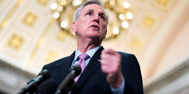 House Speaker Kevin McCarthy conducts a news conference in the U.S. Capitol's Statuary Hall on Jan. 12, 2023.