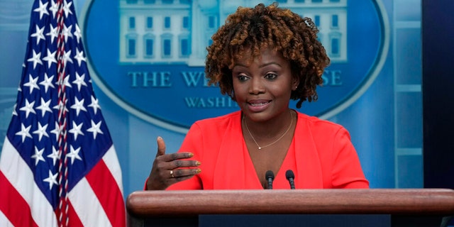 White House press secretary Karine Jean-Pierre speaks during the daily briefing at the White House in Washington, D.C., on Wednesday.