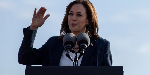 Vice President Kamala Harris speaks at the groundbreaking ceremony of the Ten West Link transmission line, Jan. 19, 2023, in Tonopah, Arizona.