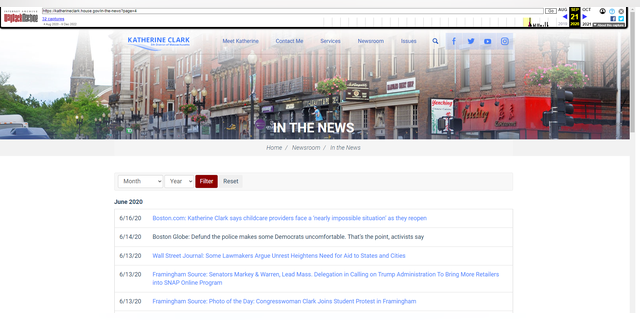 Internetarchief-screenshot van Rep. Katherine Clark's "In het nieuws" gedeelte van haar website van 21 september 2020 met het Boston Globe-artikel.