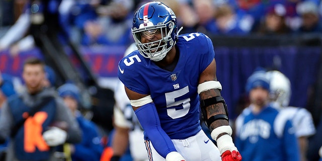 New York Giants defensive end Kayvon Thibodeau (5) responds during an NFL football game against the Indianapolis Colts, Sunday, Jan. 1, 2023, in East Rutherford, NJ 