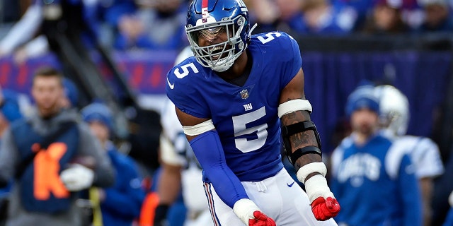 New York Giants defensive end Kayvon Thibodeaux reacts during the Indianapolis Colts game, Sunday, Jan. 1, 2023, in East Rutherford, New Jersey.