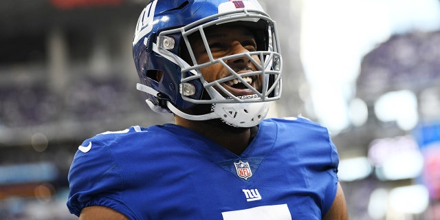 Kayvon Thibodeaux of the New York Giants before the Minnesota Vikings game at U.S. Bank Stadium on Dec. 24, 2022, in Minneapolis.