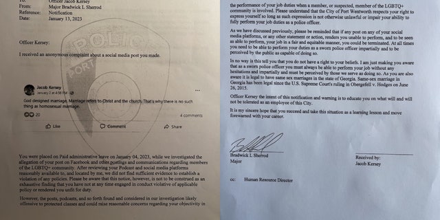 The letter of notification sent to Jacob Kersey on Jan. 13 informing him that same-sex marriage is legal in Georgia and that he could be terminated for future posts on social media.