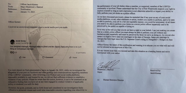 The letter of notification sent to Jacob Kersey on Jan. 13 informing him that same-sex marriage is legal in Georgia and that he could be terminated for future posts on social media.