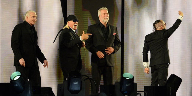 Apr 10, 2021; Tampa, Florida, USA; 2020 WWE Hall of Fame inductees Scott Hall and Hollywood Hulk Hogan and Kevin Nash and Sean Waltman aka NWO greet fans during WrestleMania 37 at Raymond James Stadium.
