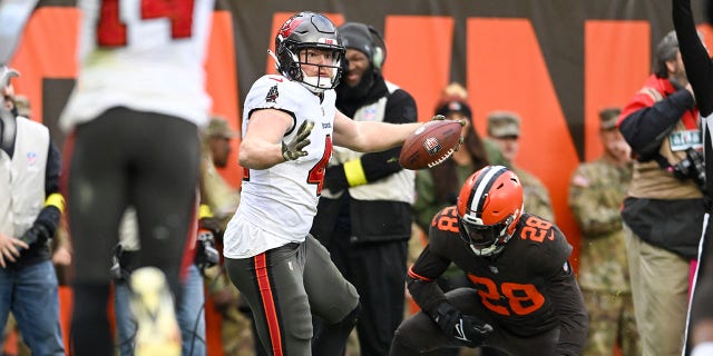 Ko Kieft #41 de los Tampa Bay Buccaneers anota un touchdown de 5 yardas en la segunda mitad contra los Cleveland Browns en el FirstEnergy Stadium el 27 de noviembre de 2022 en Cleveland, Ohio.