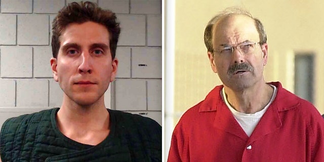Left: Bryan Kohberger in an anti-suicide smock after his arrest in Pennsylvania Friday, Dec. 30, 2021. Right: Dennis L. Rader, the man admitting to be the BTK serial killer, is escorted into the El Dorado Correctional Facility on Aug. 19, 2005 in El Dorado, Kansas.